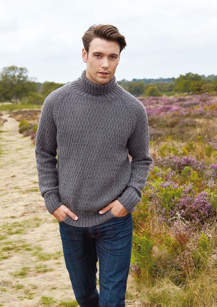 Mens roll neck sweater hotsell knitting pattern